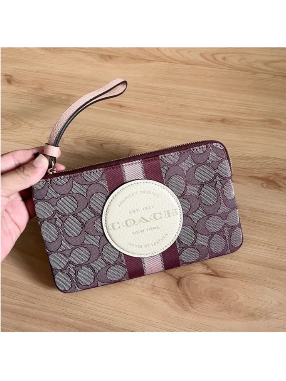 Coach Dempsey Large Corner Zip Wristlet In Signature Jacquard With Stripe